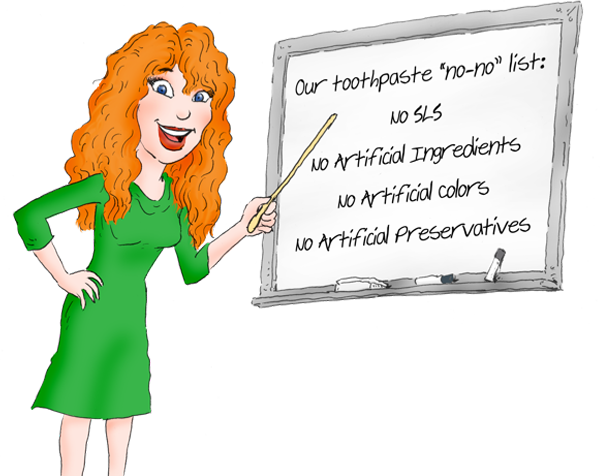 woman pointing to a chalkboard that says the natural dentist all-in-one anticavity toothpaste and mouthwash do not have sodium lauryl sulfate, no artificial ingredients, no artificial colors, and no artificial preservatives