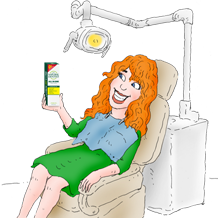 woman in a dentist chair smiling and holding a box with the natural dentist all-in-one anticavity toothpaste because she loves how it fights cavities, strengthens tooth enamel, whitens teeth, fights tartar, soothes bleeding gums, promotes gum health, and freshesn breath