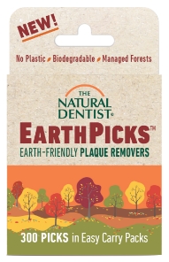 image of a bag of the natural dentist EarthPicks earth-friendly plaque removers that are biodegradable contain no plastic and use wood from managed forests
