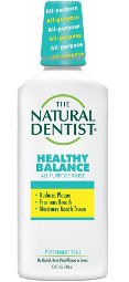 The Natural Dentist Healthy Balance All Antigingivitis Antiplaque Rinse in Peppermint Sage flavor.